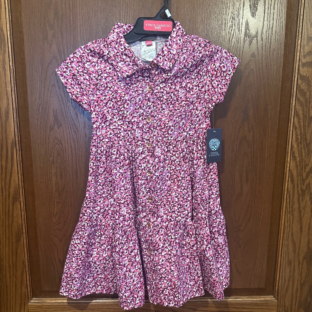 Vince Camuto Kids Girls Pink Floral Button Front Tiered Dress Size 7